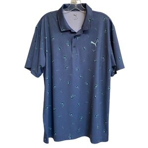 Puma Golf Mens Blue Tropical Botanical Print Performance Polo Shirt 534884-01 L